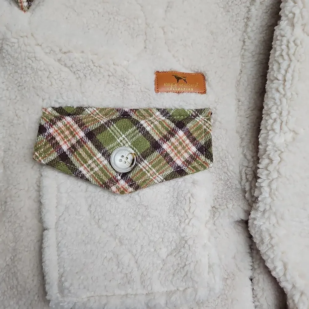 Simply Southern Youth Medium Quilted Sherpa Shacket Cream Green Plaid NEW
